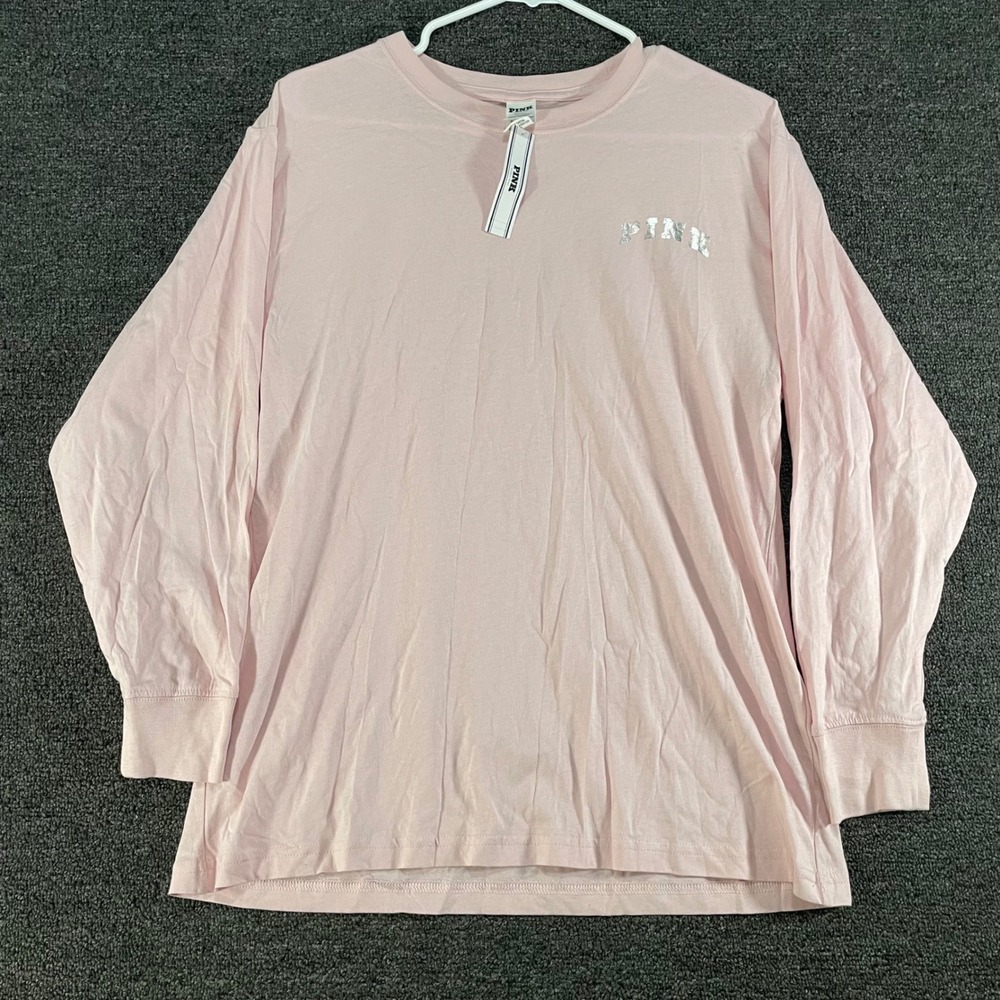 PINK Long Sleeve T-Shirt Womens Small Pink New Silver Foil Glitter Logo Tee